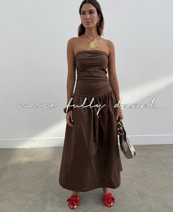 Women wearing a Never Fully Dressed Chocolate Cotton Rich Bandeau Midaxi Dropped Waist Dress