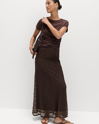 Women wearing a Brown Jersey Textured Midaxi Straight Slip Skirt and Chocolate Pure Cotton Slim Fit Ruched T-Shirt