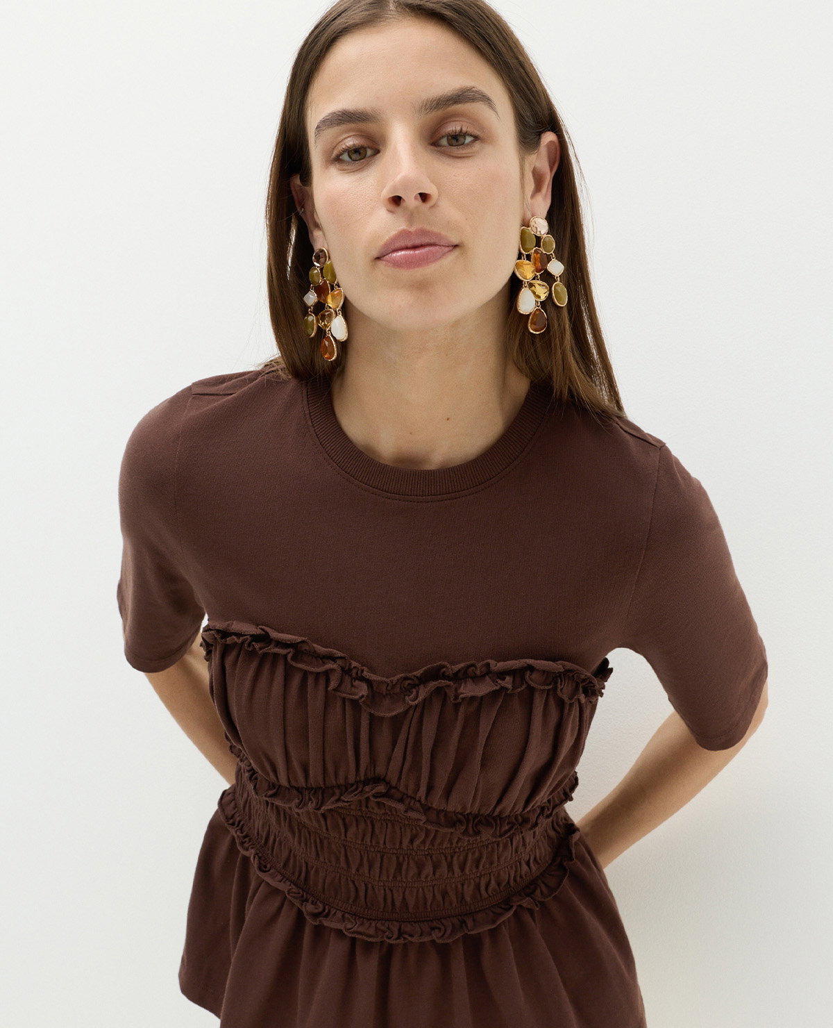 Women wearing a Dark Chocolate Pure Cotton Ruffle Top