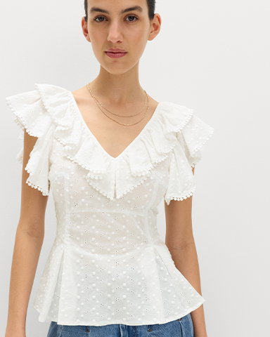 Women wearing a Soft White Embroidered Frill Detail Top