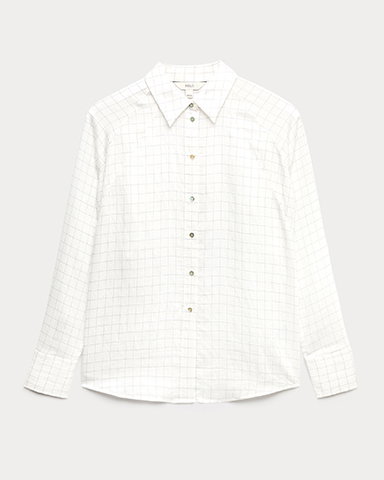 White Mix Lyocell Rich Checked Collared Oversized Shirt