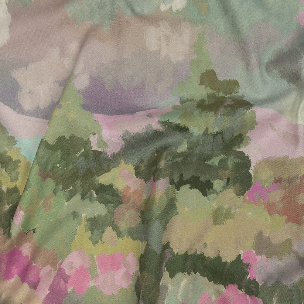 Image of Stretch Cotton Twill Panel - Green and Pink Impressionist Landscape - Mood Exclusive Rainy Day