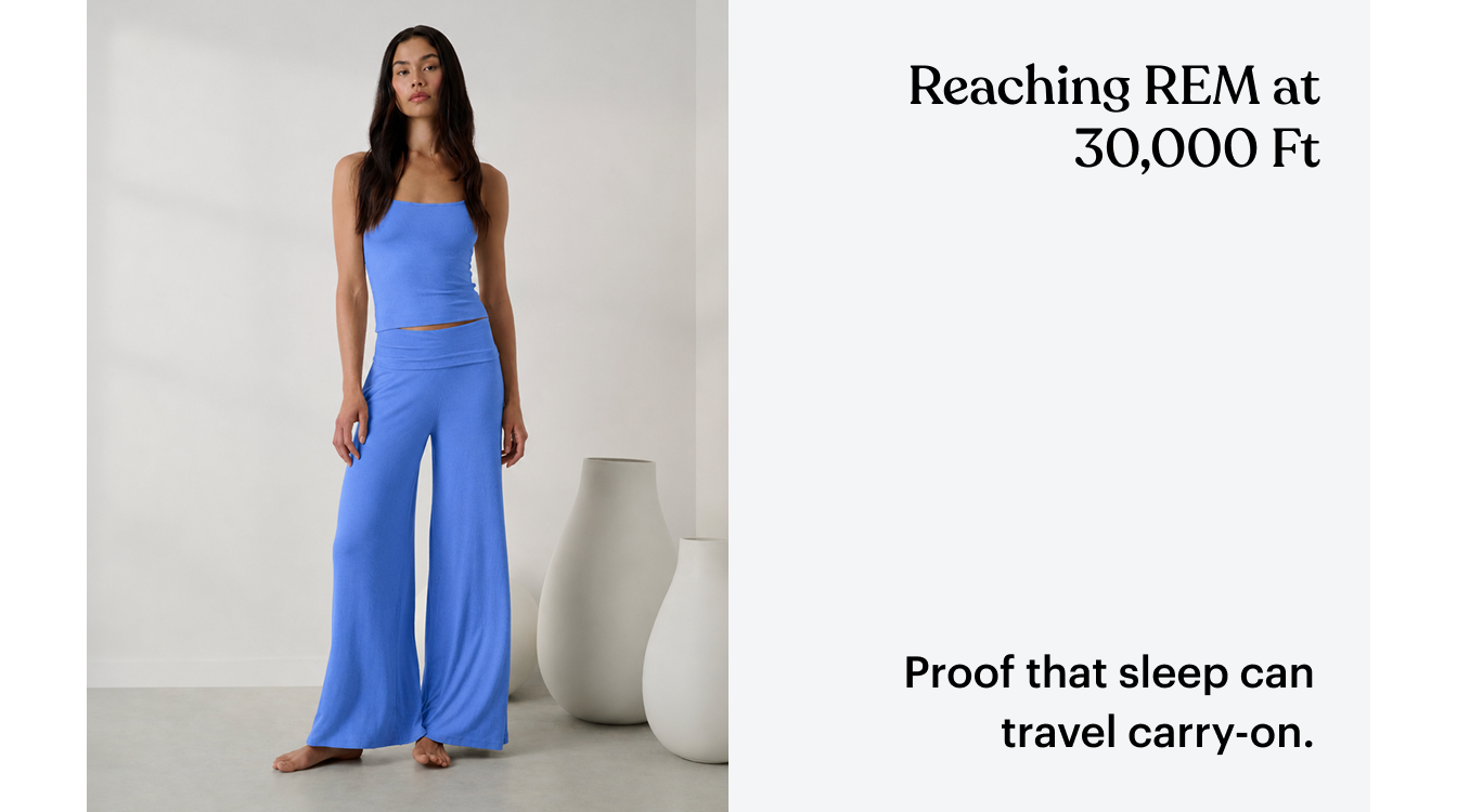 woman in matching blue pant set 