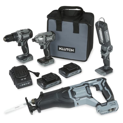 Klutch 1/2in. Drill/Driver and 1/4in. Impact Driver Combo Kit, Plus Worklight and Reciprocating Saw, KLiQ 20V, Brushless, Cordless, 2.0Ah