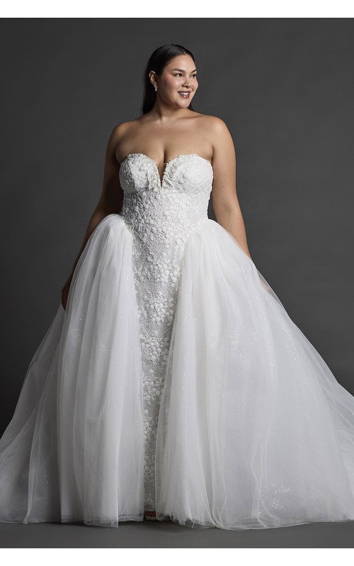 Embellished Plunge Sheath with Tulle Overskirt