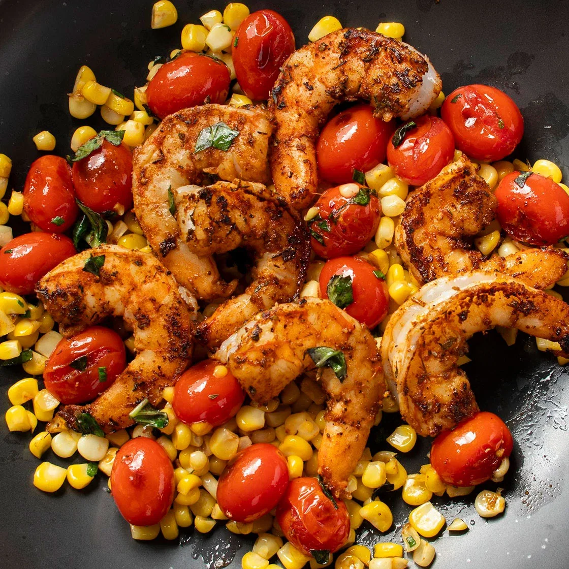 Blackened Shrimp with Blistered Tomatoes and Corn