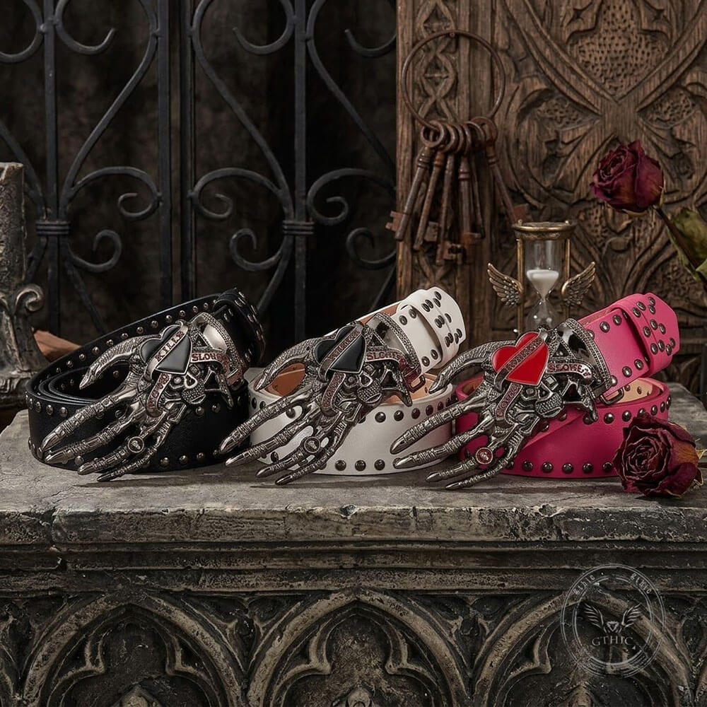 Image of Y2K Gothic Skull Heart Claw PU Leather Studded Belt