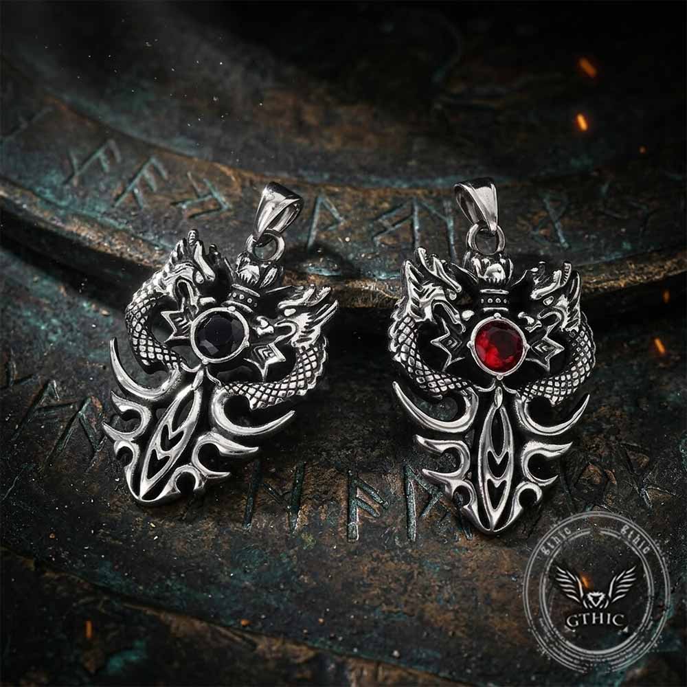 Image of Vintage Double Dragon Gem Sword Stainless Steel Pendant
