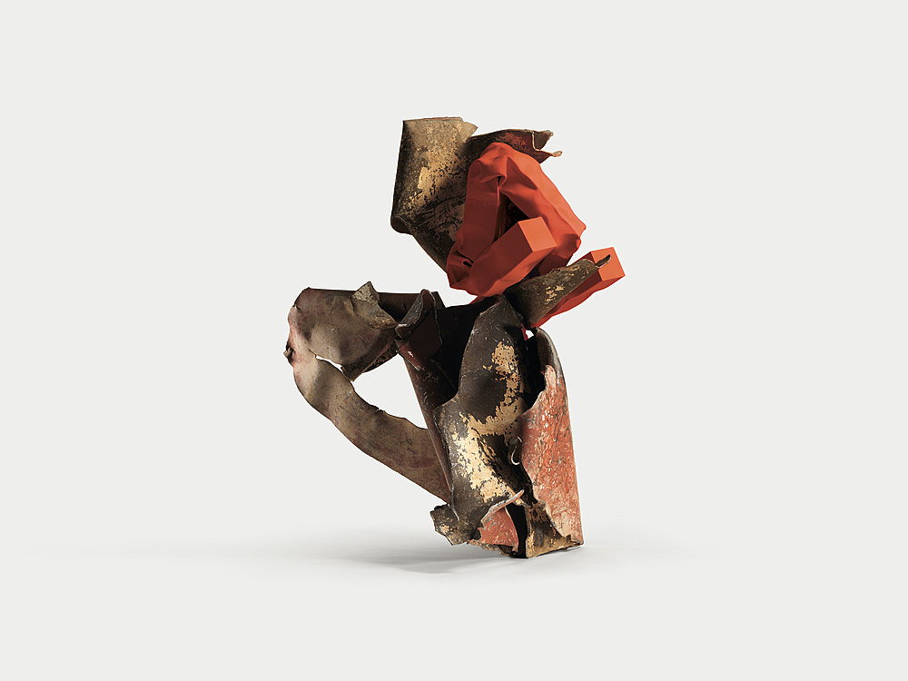 A large steel sculpture, folded into an angular, abstracted form, is balanced delicately on narrow points of the structure. Most of the steel is rough; the surface is scarred and nicked. A smaller section of the sculpture, painted a vivid orange with a smooth matte texture, is created from a narrow steel beam twisted and integrated into the center of the structure.
