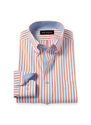 Comfort Stretch Non-Iron Stripe Dress Shirt With Contrast Trim - White/melon-Classic Fit / 16.5 / 34