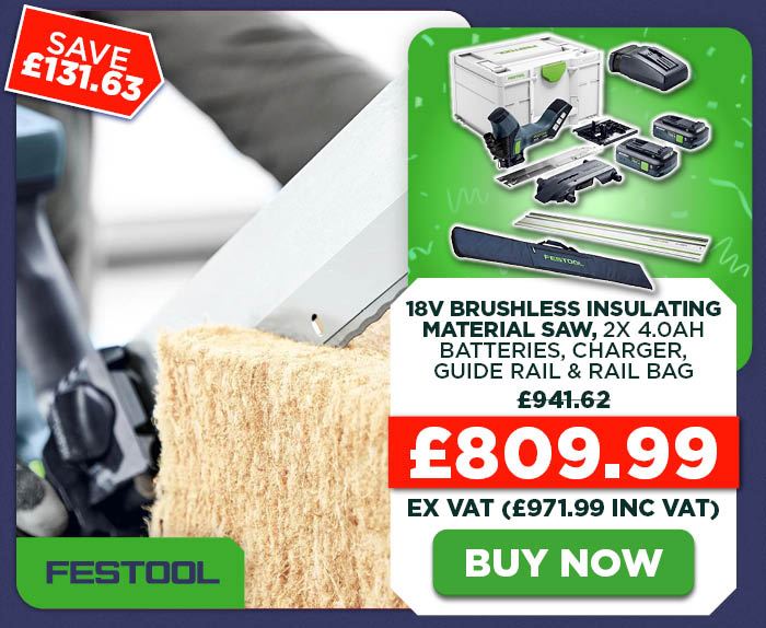 Festool ISC 240 18V Brushless Insulating-Material Saw, 2x 4.0Ah Tabless Batteries, Charger, 1.4m Guide Rail & Guide Rail Bag