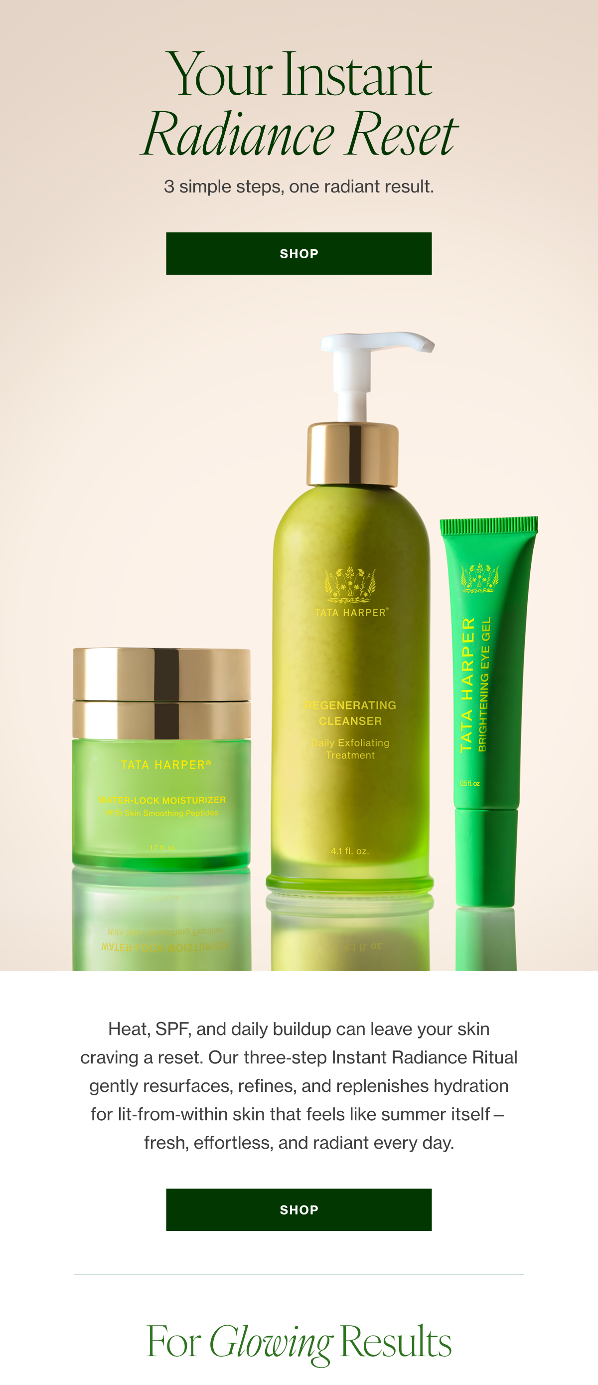 Heat, SPF, and daily buildup can leave your skin craving a reset. Our three‑step Instant Radiance Ritual gently resurfaces, refines, and replenishes hydration for lit‑from‑within skin that feels like summer itself—fresh, effortless, and radiant every day.  