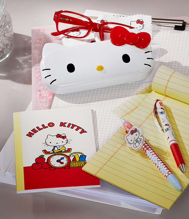 All Hands Meeting | That wasn't on the calendar! Luckily ur prepared with glasses & notebook ready. | Hello Kitty Classic Red Flatlay.
