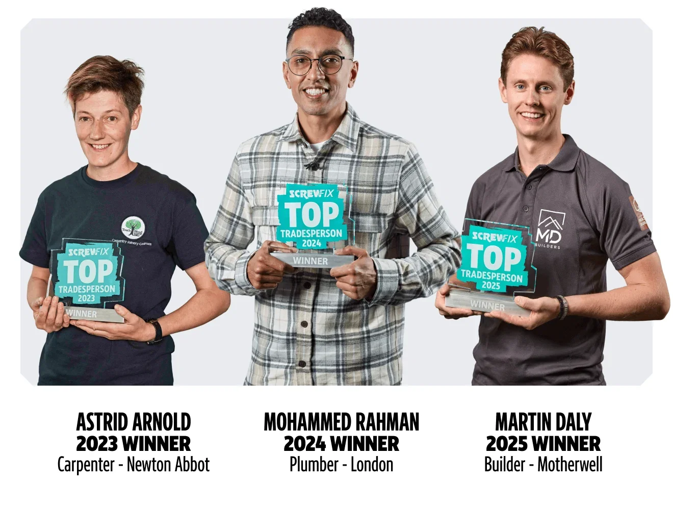Meet our previous winners: Astrid Arnold, a Carpenter from Newton Abbot, Mohammed Rahman, a Plumber from London and Martin Daly, a Builder from Motherwell.