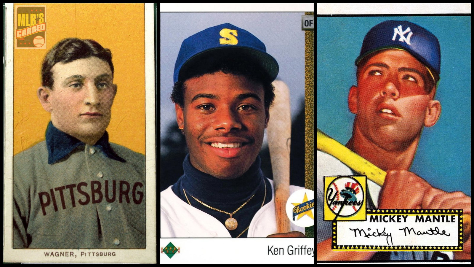 Iconic baseball cards of Honus Wagner, Ken Griffey Jr. and Mickey Mantle