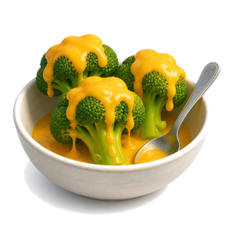 White bowl with three broccoli florets topped with melted cheese and a spoon