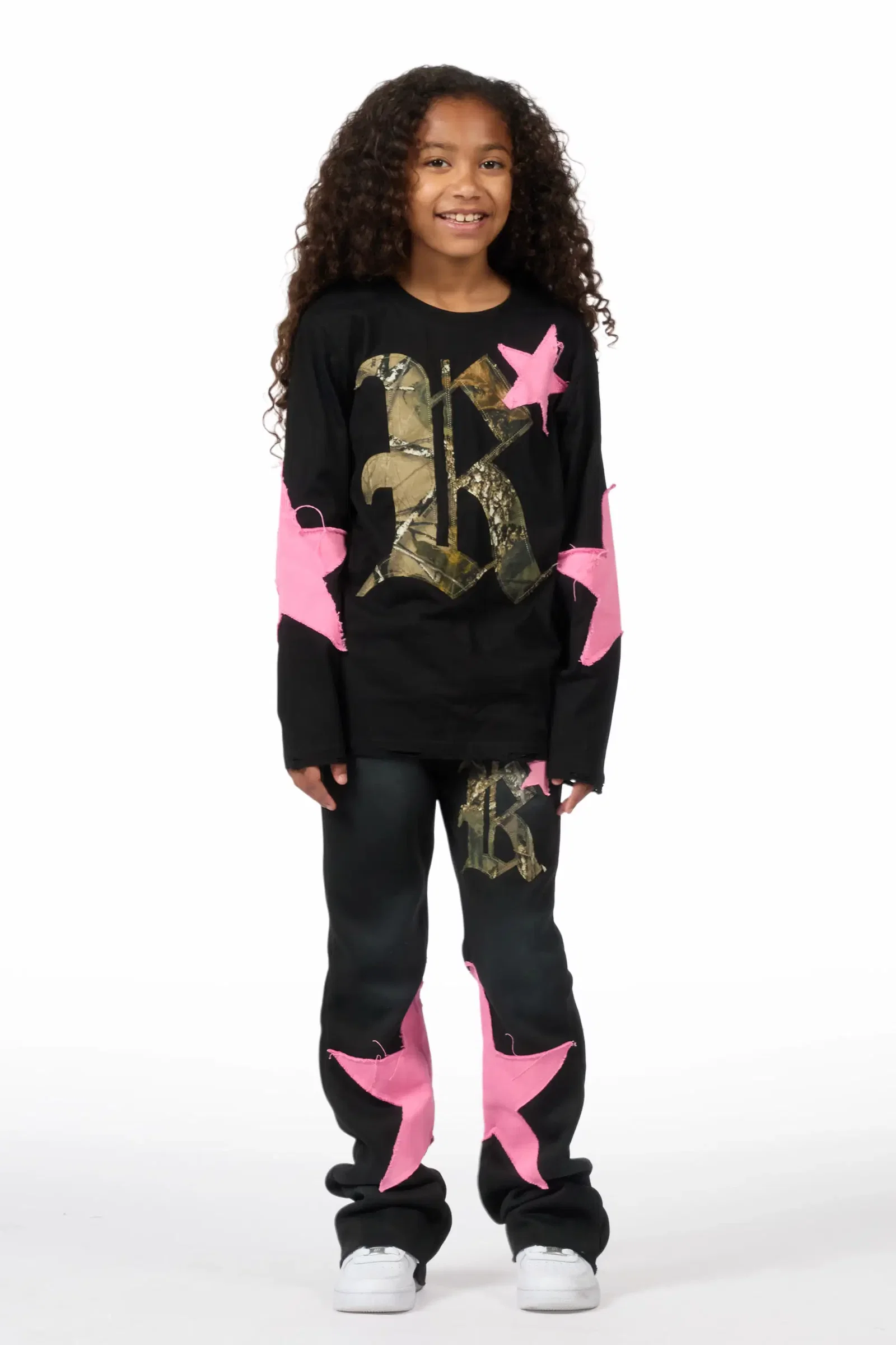 Image of Girls Delgera Black/Pink Long Sleeve T-Shirt Track Set