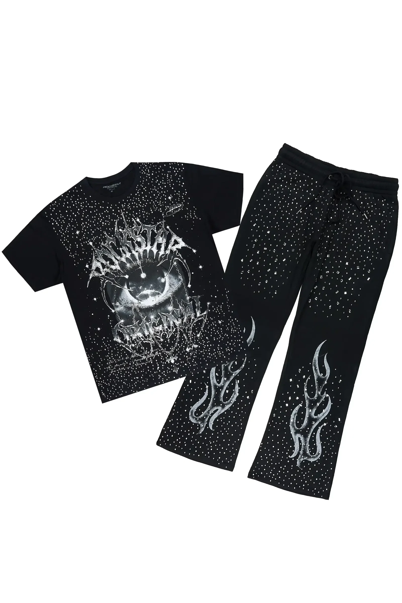 Image of Malykz Black/Black Rhinestone T-shirt/Stacked Flare Track Pant Set