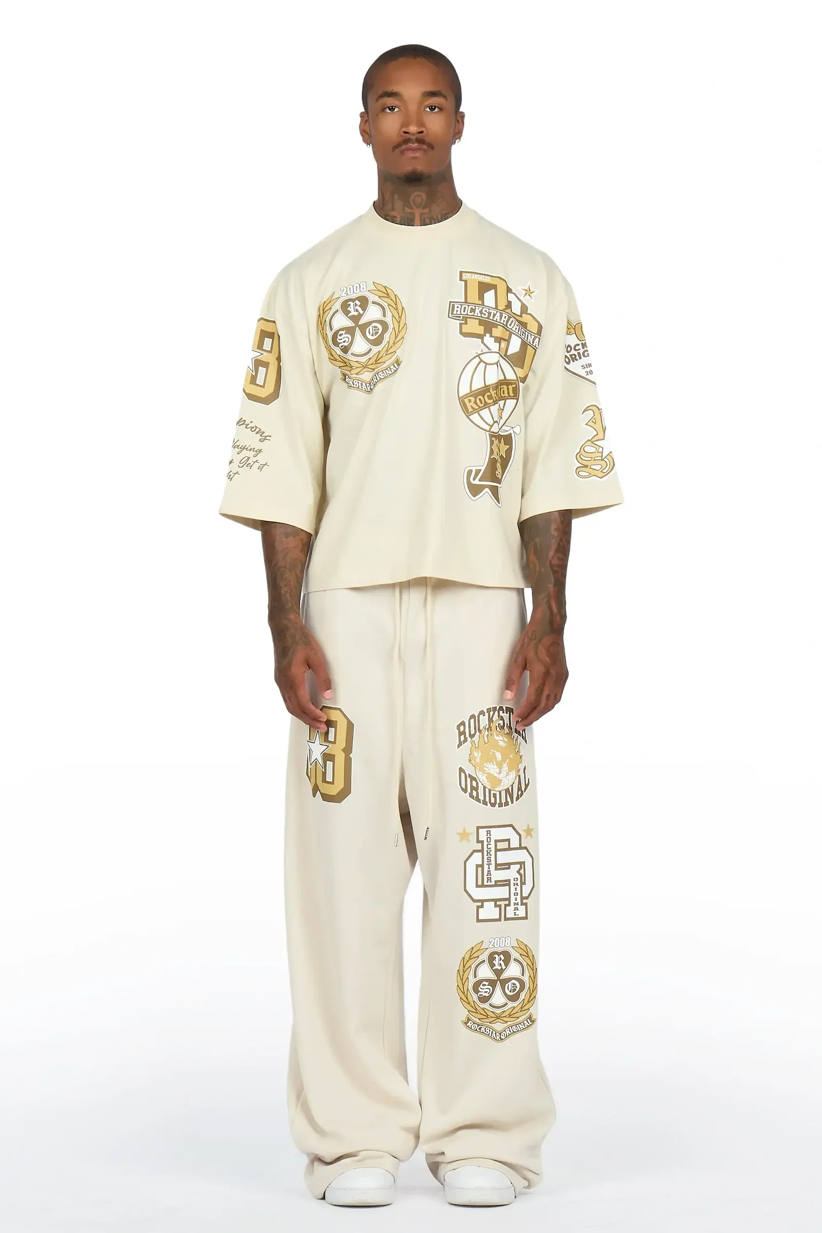 Image of Gallant Beige 3/4 Crop Boxy Tee/ Fleece Baggy Pant Track Set