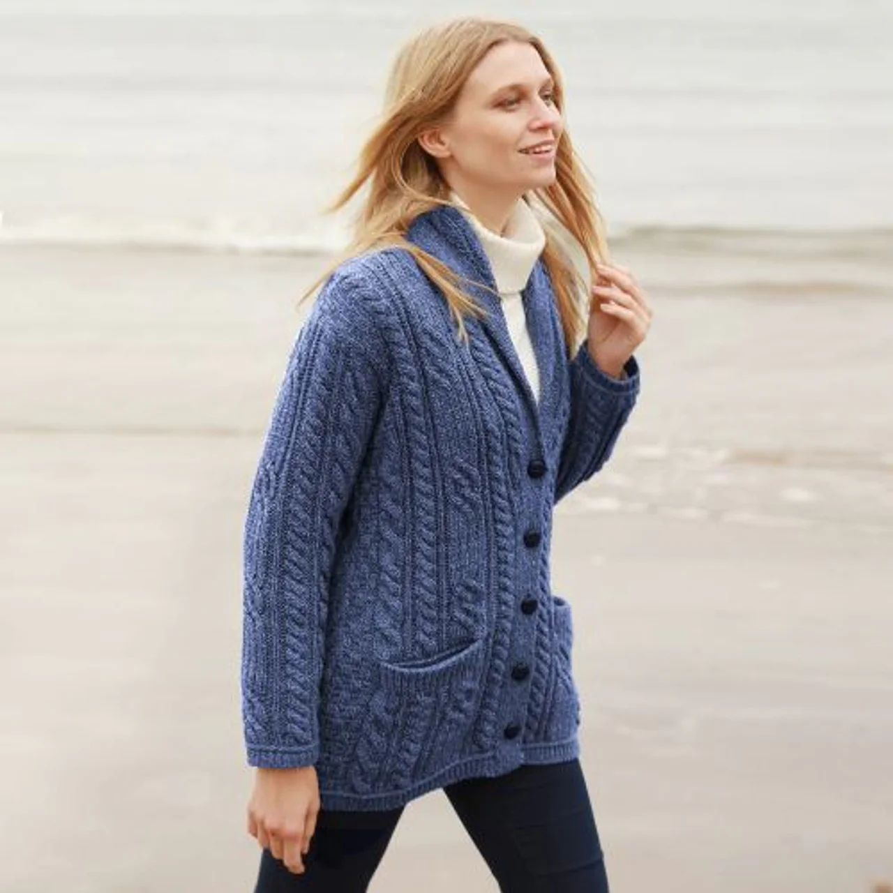Image of Merino Wool Irish Cable Button Cardigan, Blue