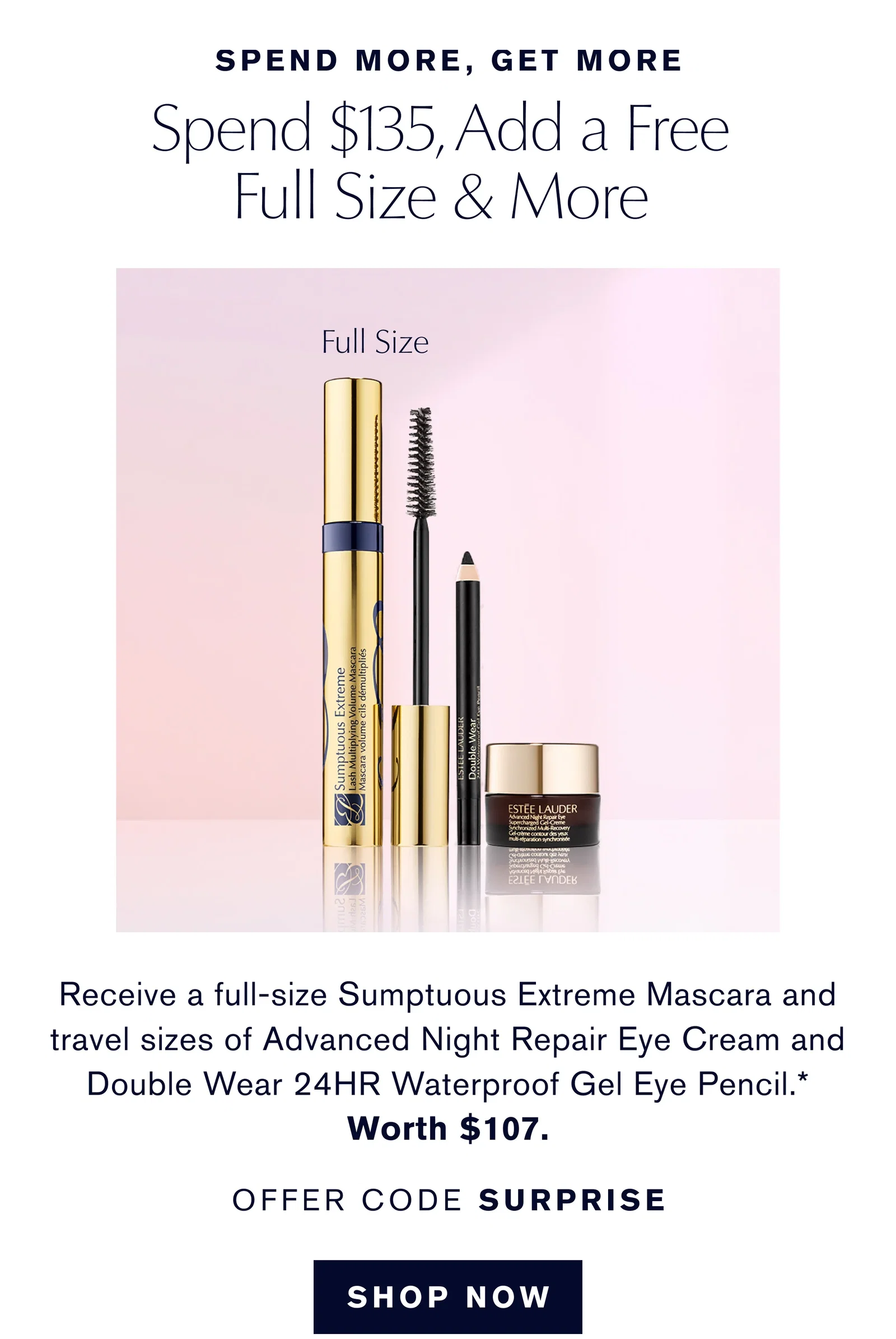 SPEND MORE, GET MORE | Spend $135, Add a Free Full Size & More | Full Size | Receive a full-size Sumptuous Extreme Mascara and travel sizes of Advanced Night Repair Eye Cream and Double Wear 24H Waterproof Gel Eye Pencil.* Worth $107. | OFFER CODE SURPRISE | SHOP NOW