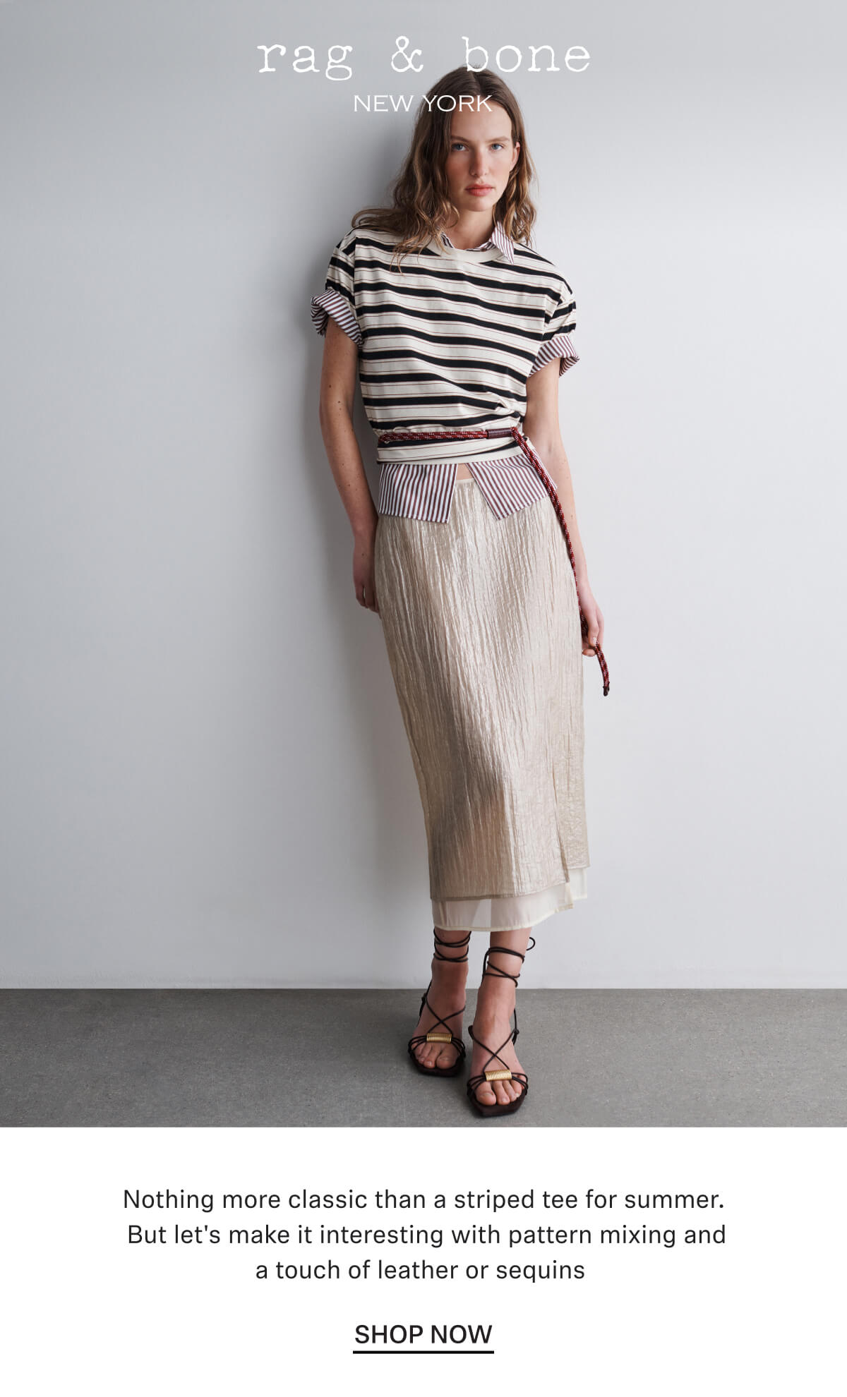 Nothing more classic than a striped tee for summer. But let's make it interesting with pattern mixing and a touch of leather or sequins