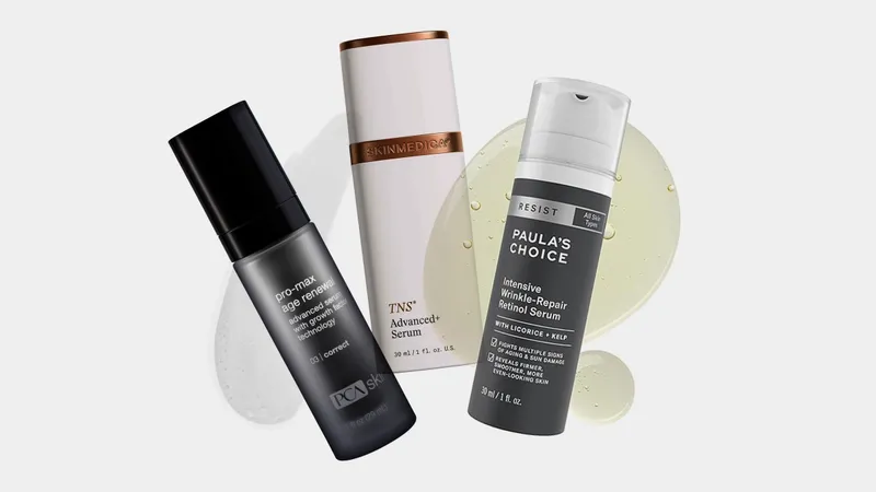 Image contains a collage of the best serums for aging skin on an off-white background