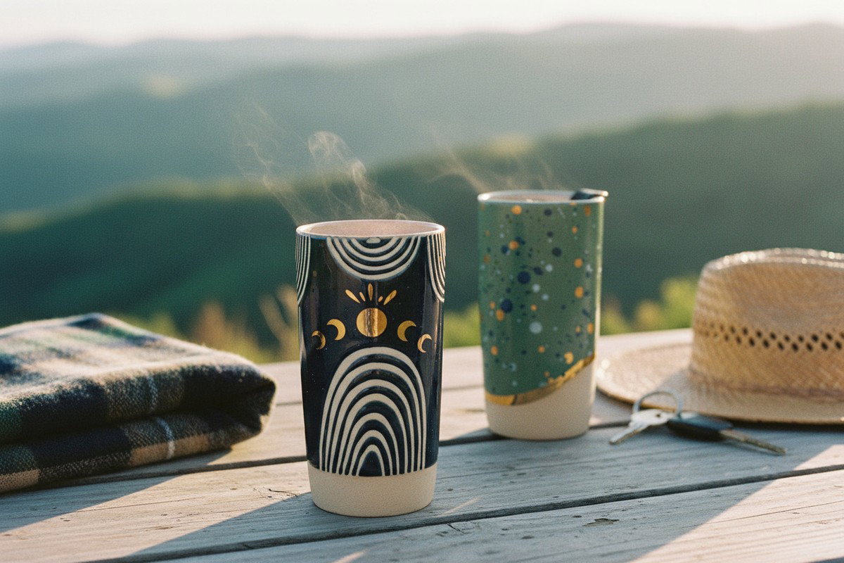 A United by Blue stoneware travel mug on a weathered wood tabletop at a scenic summer overlook, steam rising in warm morning light