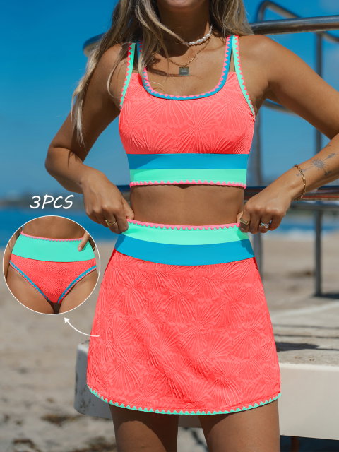 3-Piece Colorblock Bikini Set with Skirt