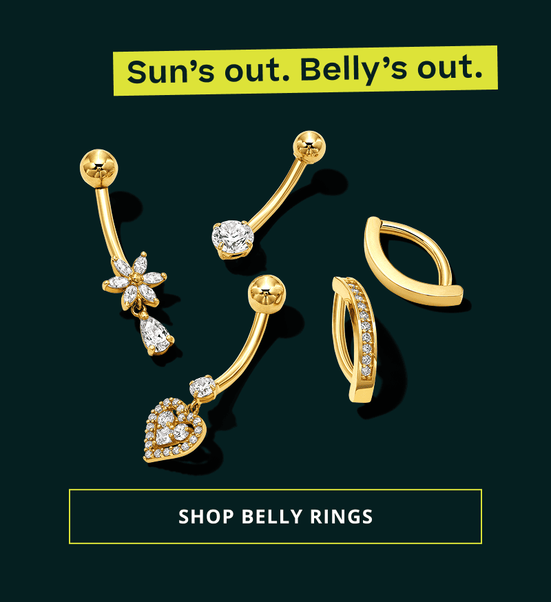 Gold belly rings with diamond details. Sun’s & belly’s out, Click here to shop belly rings
