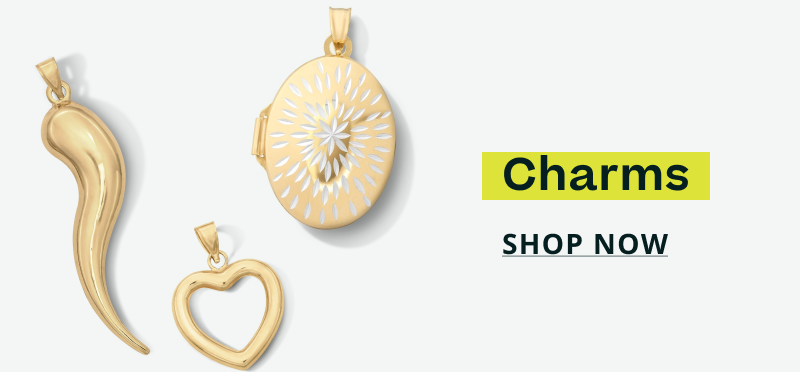 Gold colored Italian horn, open faced heart & oval locket with engraved starburst charms. Charms. Click here to shop now