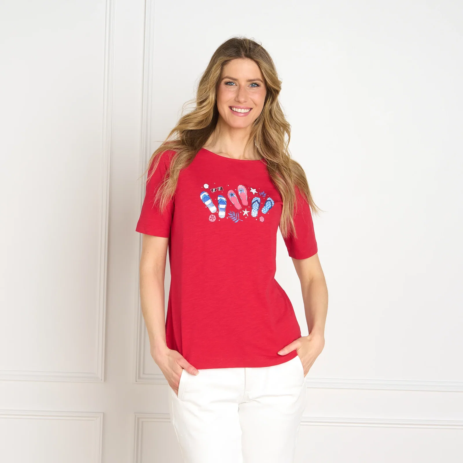Image of Embellishment Flip Flop Print Elbow Sleeve Tee