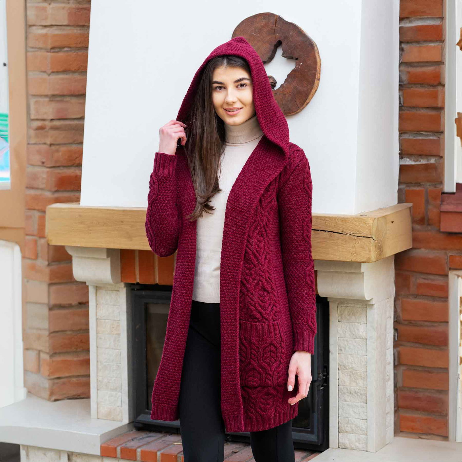 Image of Women's Hooded Long Aran Cardigan