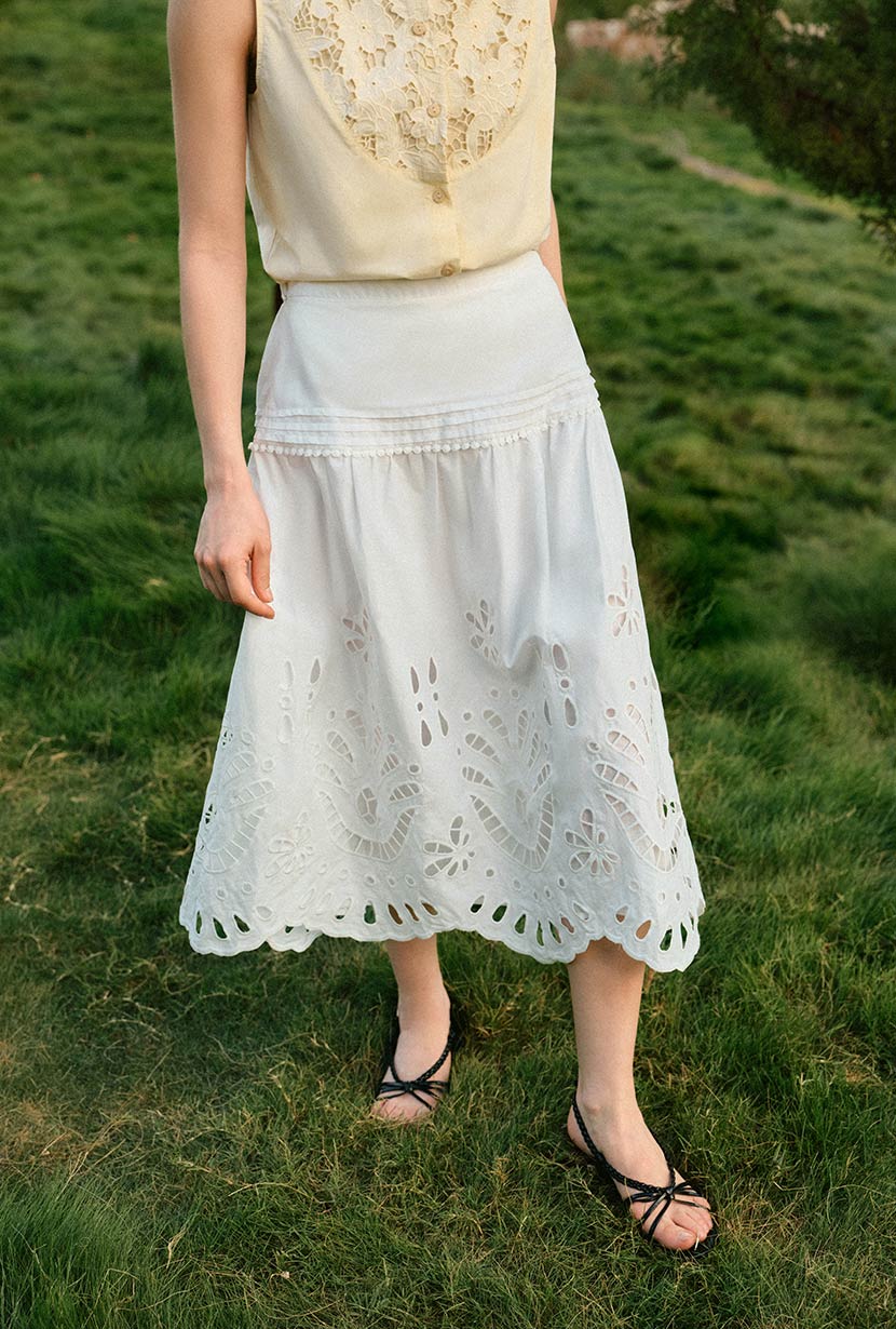 Image of Edna Cotton Embroidered Skirt - White