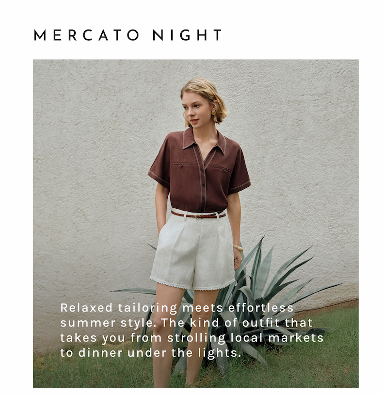 Mercato Night: Relaxed tailoring meets effortless summer style. The kind of outfit that takes you from strolling local markets to dinner under the lights.