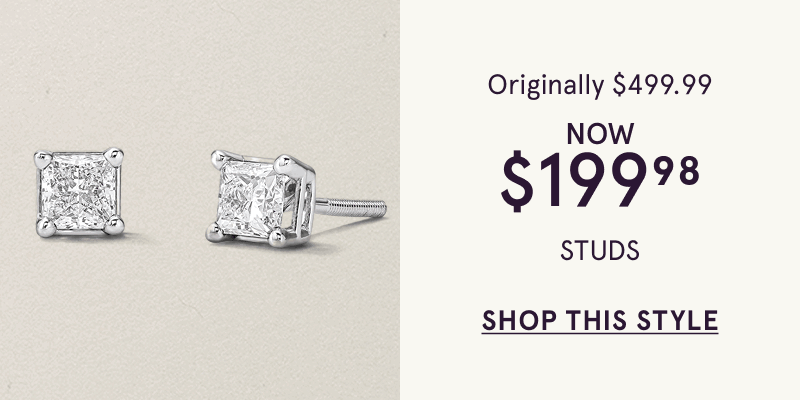 Square-cut diamond studs. Studs. Originally $499.99, now $199.98. Click here to shop this style