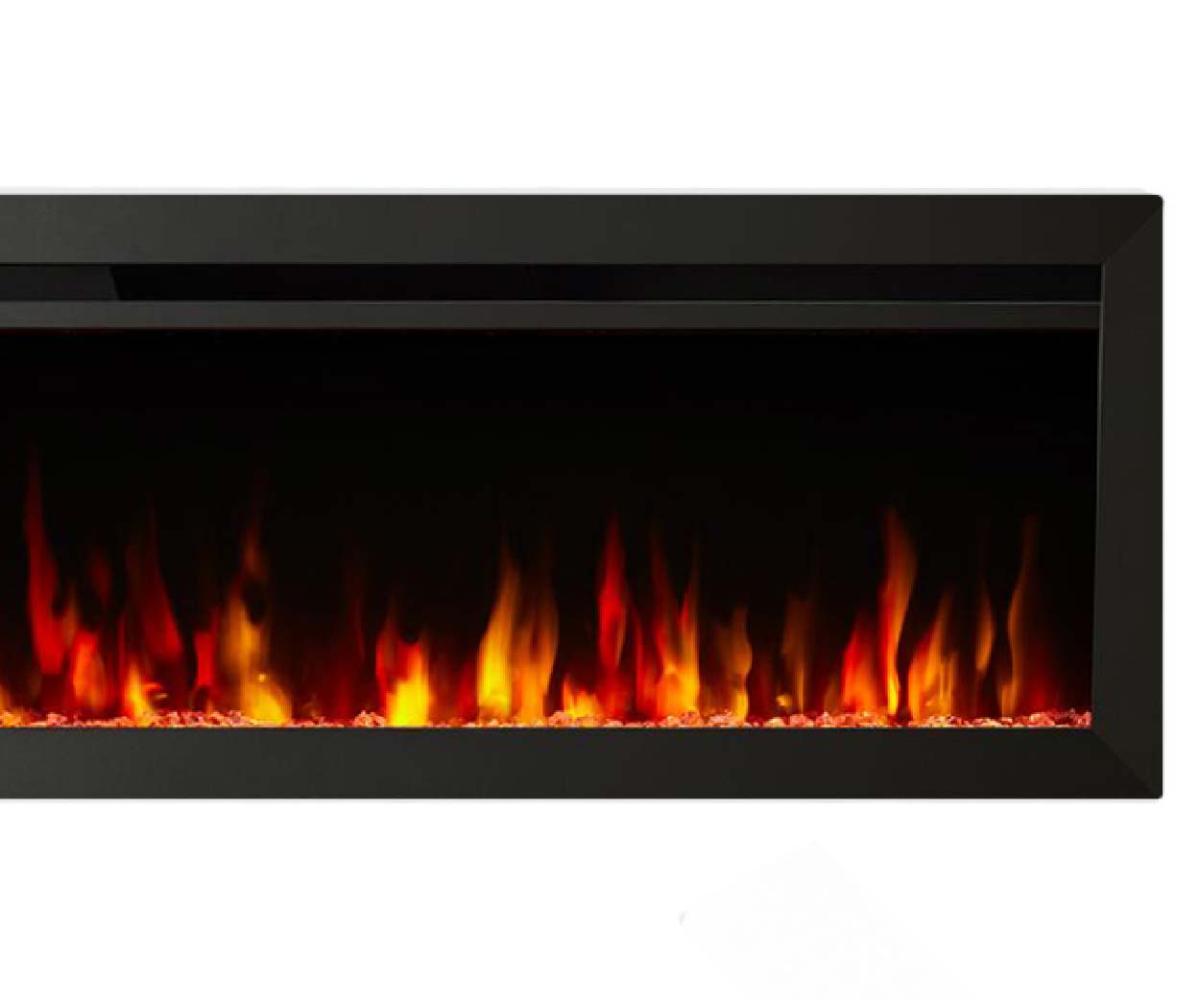 Electric fireplace with glowing flames.