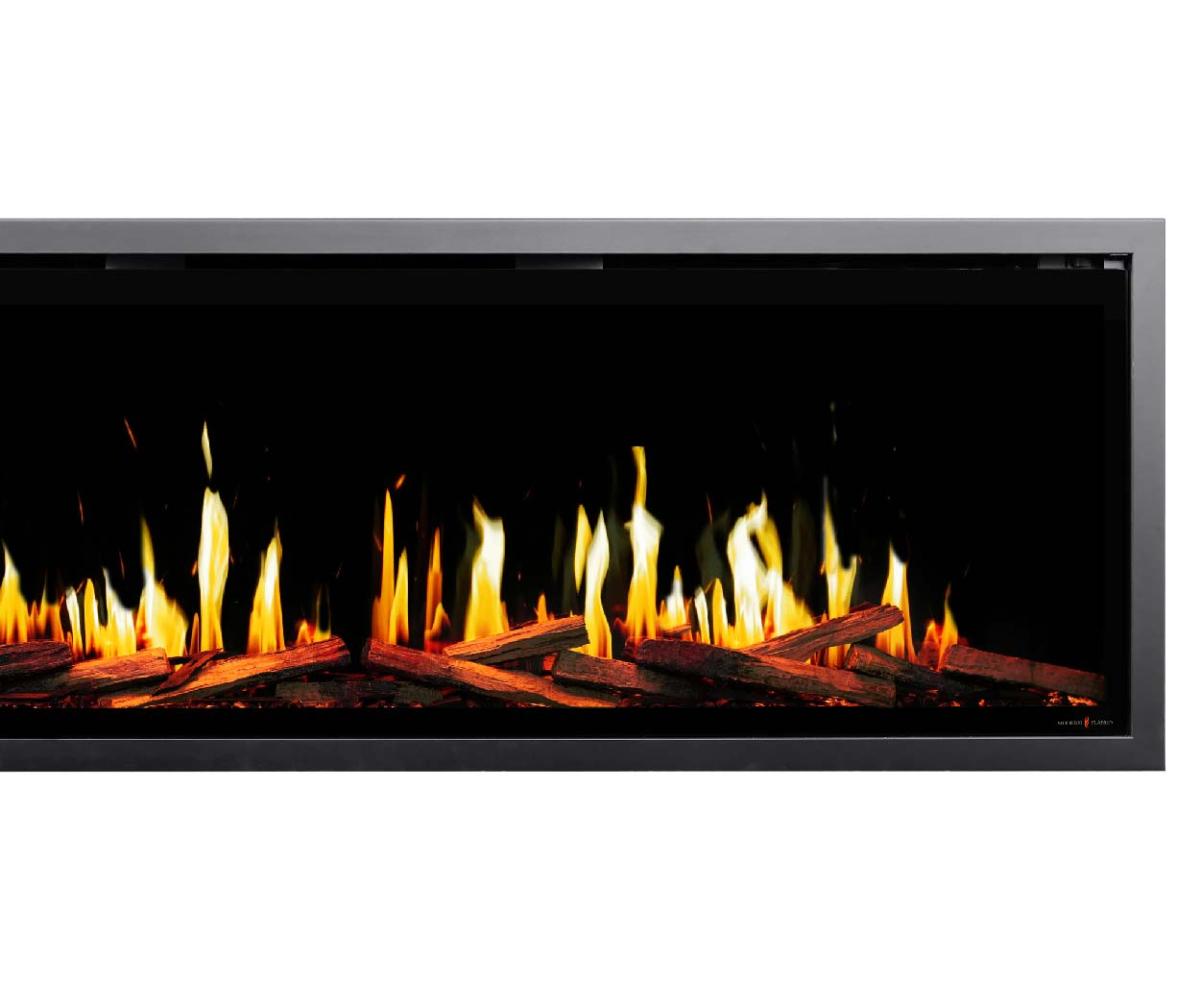 A modern electric fireplace with glowing flames.