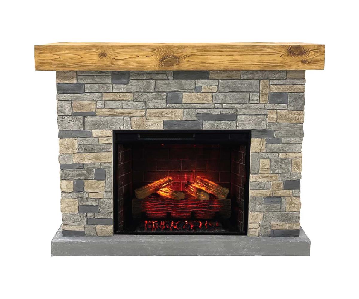 Stone fireplace with wooden mantel and glowing fire.