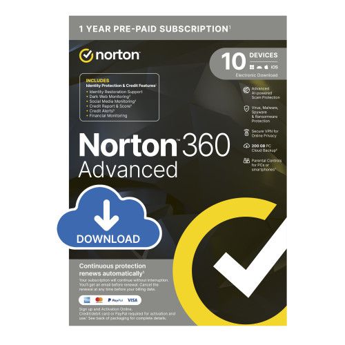 Norton 360 Advanced (No Insurance) - 200GB, 1 User, 10 Devices, 1-Year, Includes VPN & AntiScam, Enrollment Digital Key