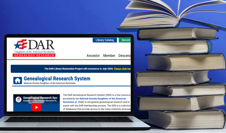 A laptop displays the DAR Genealogical Research System website, featuring daughters of the american revolution databases, positioned next to a stack of books against a blue background.