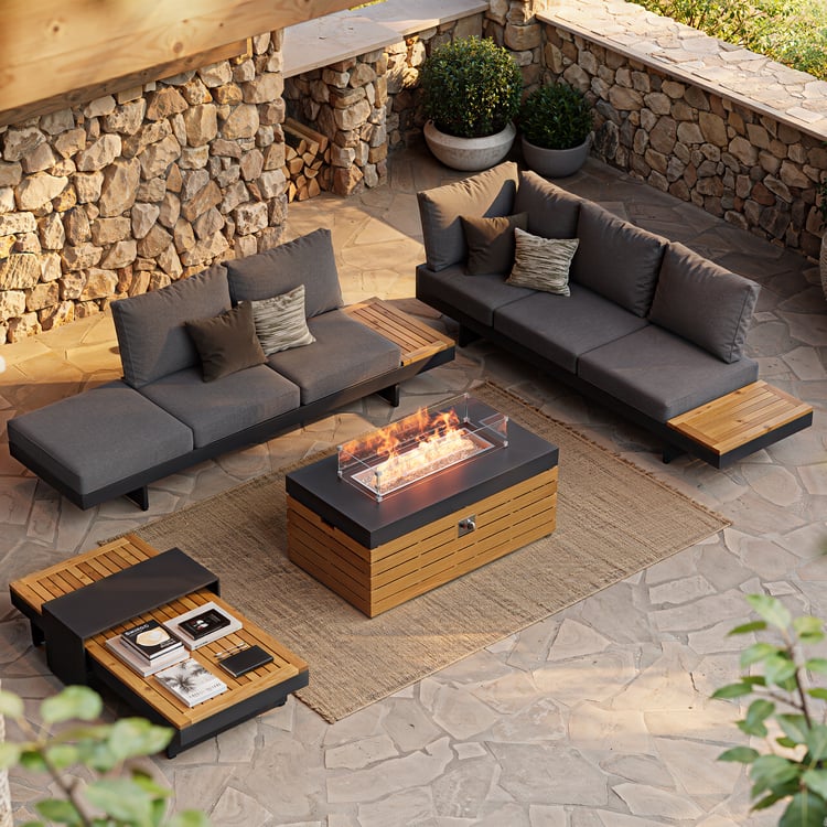 Tevara 47" 5-Pieces Modular Teak Outdoor Sofa Set with Smokeless Fire Pit for 6 Person