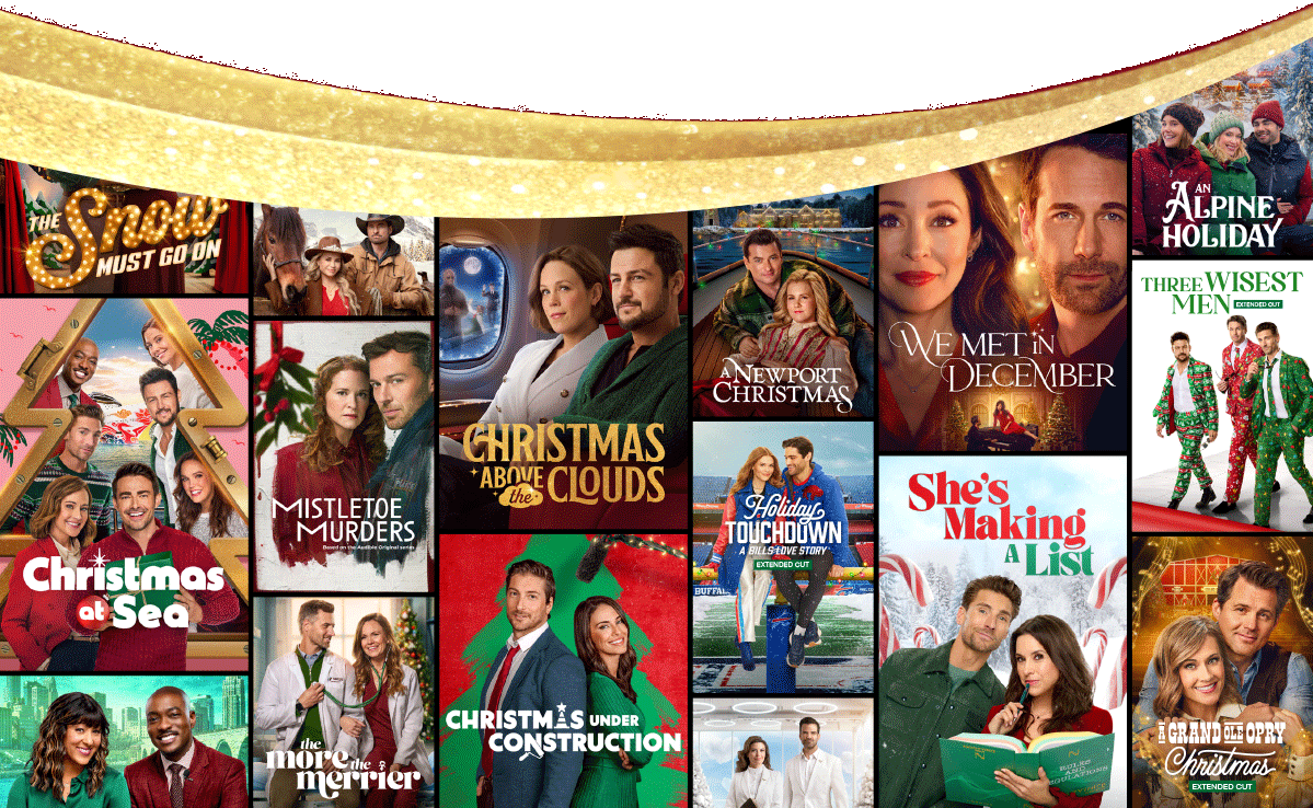 Hallmark series and movie posters of Christmas at Sea, She’s Making a List, and more.