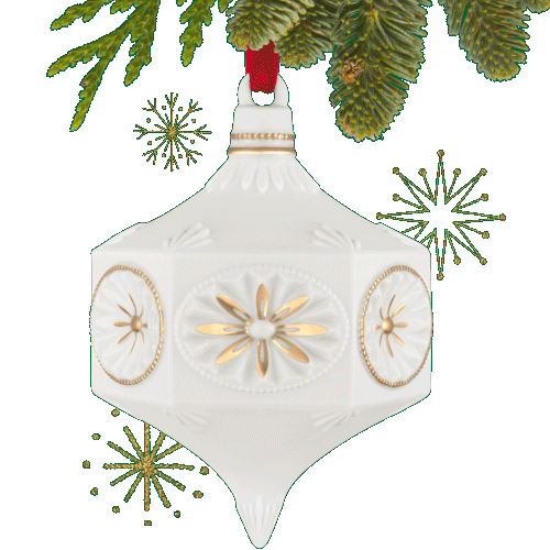 Porcelain finial ornament with red ribbon.