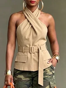 Image of Urban Solid Tailored Cross Halter Neck Blouse