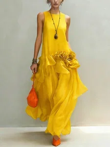 Image of Elegant Plain 3D Floral Crew Neck Maxi Dress