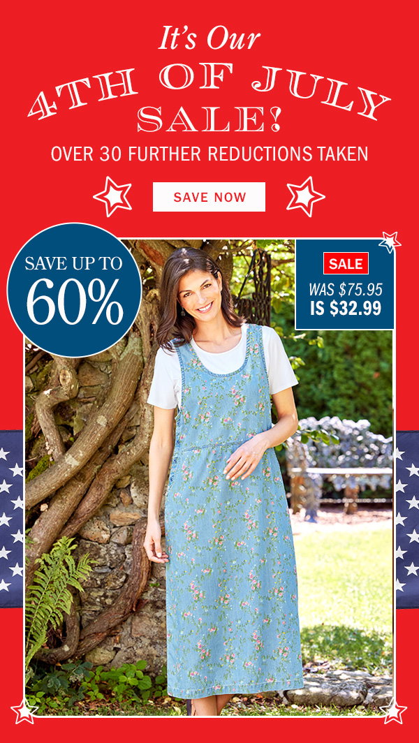 It's Our 4th of July Sale! Over 30 Further Reductions Taken. Save Up to 60%. Save Now. WAS $75.95 IS $32.99. Sale: Ella Simone Floral Denim Jumper