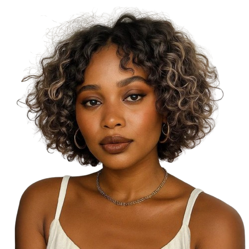 Brown Highlights Short Pixie Cut Curly Bob Wigs With Bangs Glueless Human Hair Wigs