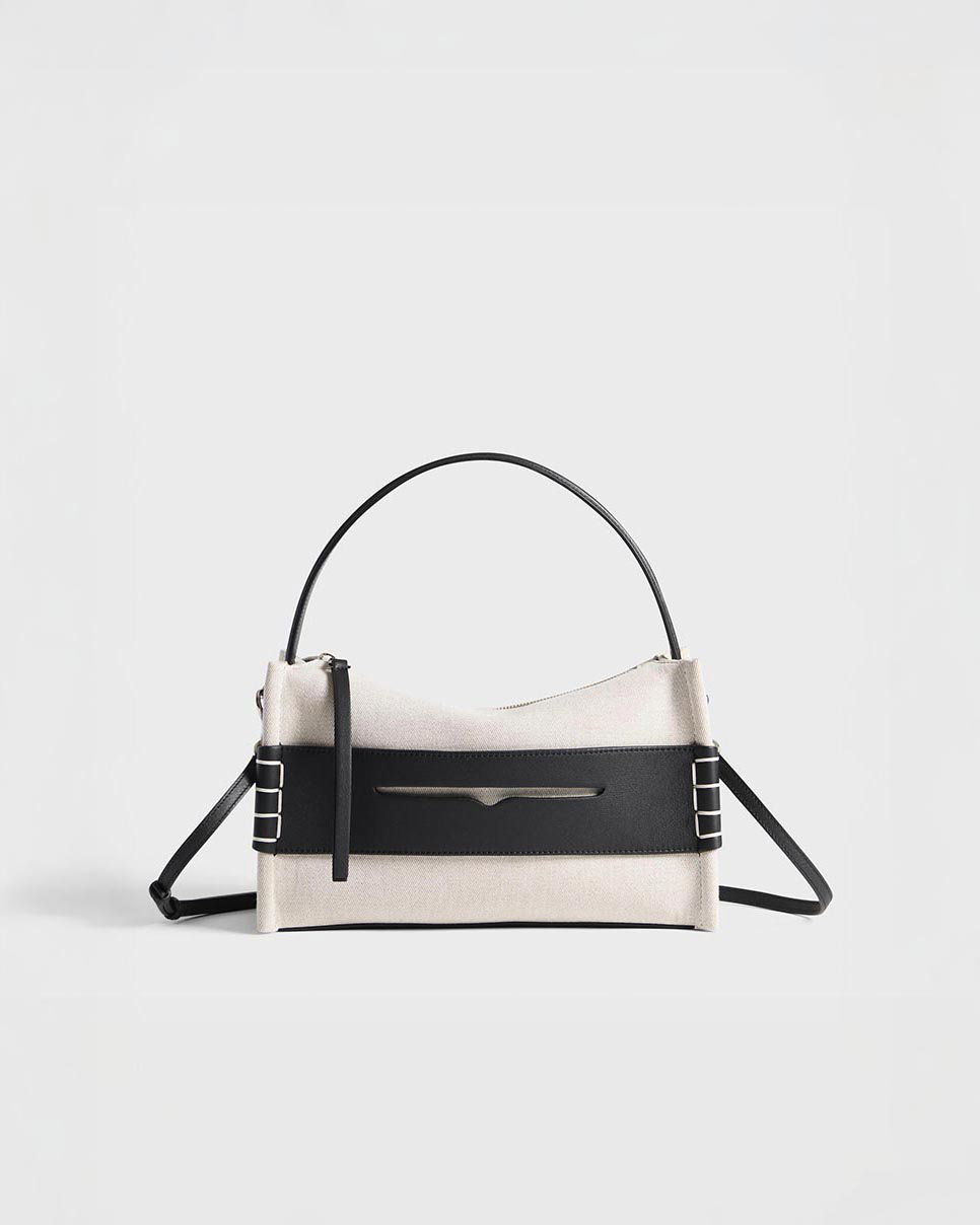 Loafer bag in natural canvas & black leather