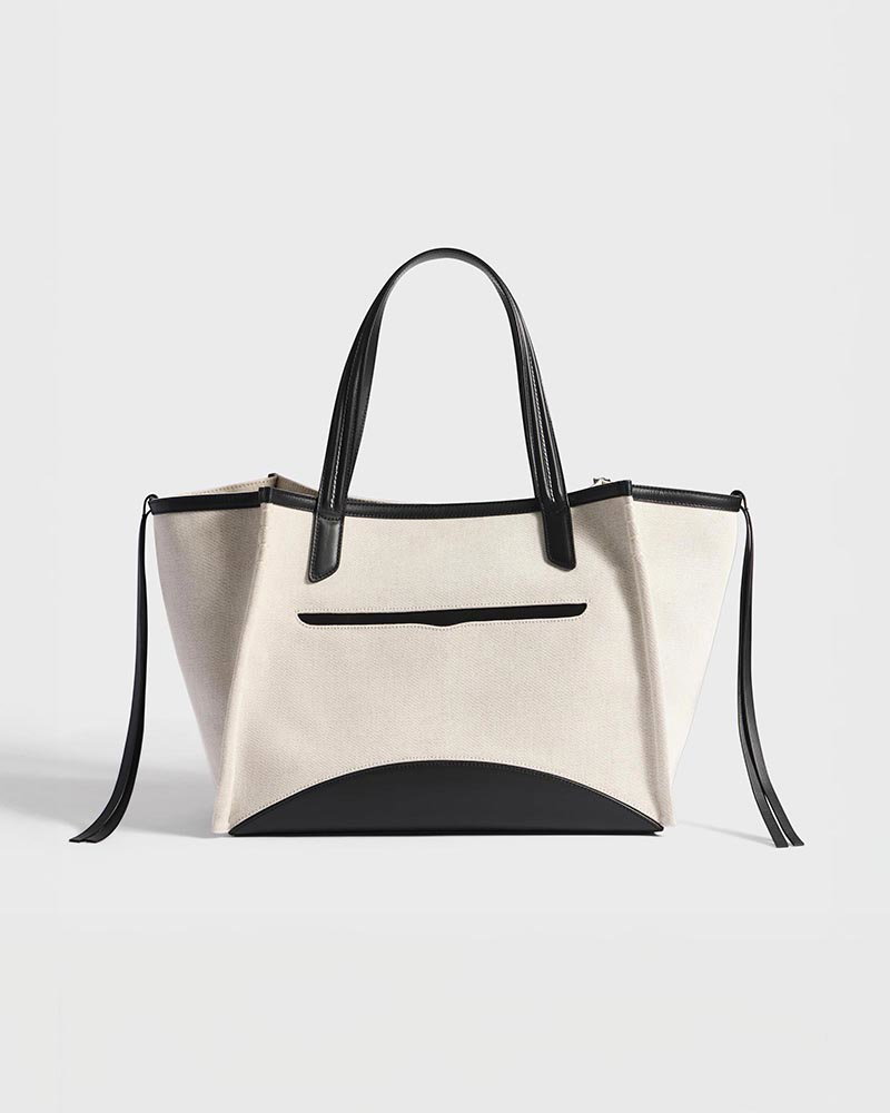Loafer cabas bag in natural canvas & black leather